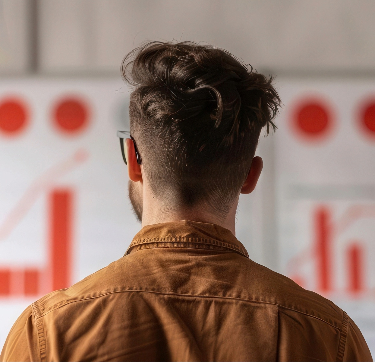 Image of the back of a man's torso as he stares at his notes on a wall.