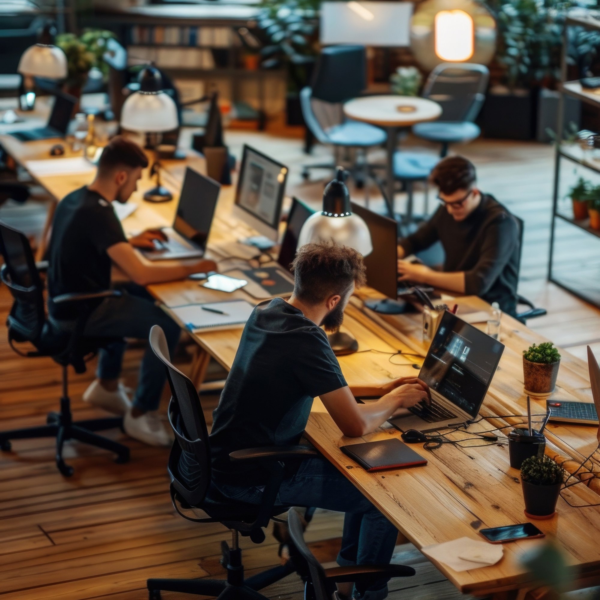 Software tech team working at laptops in a modern office setting