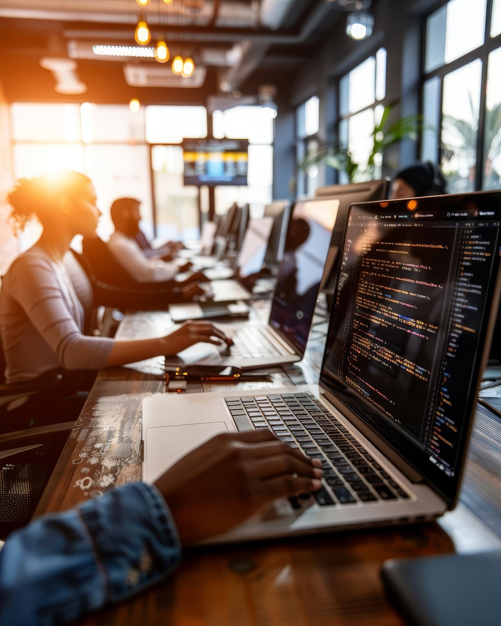 Software tech team working on laptops in well lit office